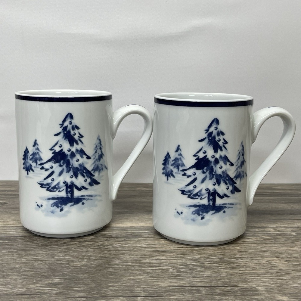 Dansk Bistro Winter Forest Christmas Tree Coffee Mug Set of 2 Blue White Ceramic